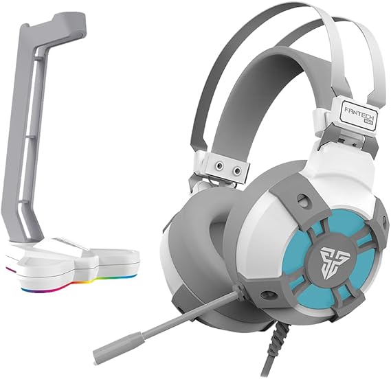 FANTECH USB RGB Gaming Headset and Stand Combo for PC, 7.1 Surround Sound 50mm Drive DTS Digital Over Ear Wired Headphones with Mic and Hanger, White