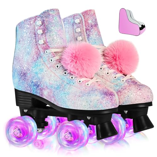 Roller Skates for Women, Men Light-Up Wheels Double-Row Rollerskates High-Top PU Leather Classic Designs Skate Shoes for Girls Beginners with a Shoes Bag Size 5 6 7 8 9 10 Indoor Outdoor