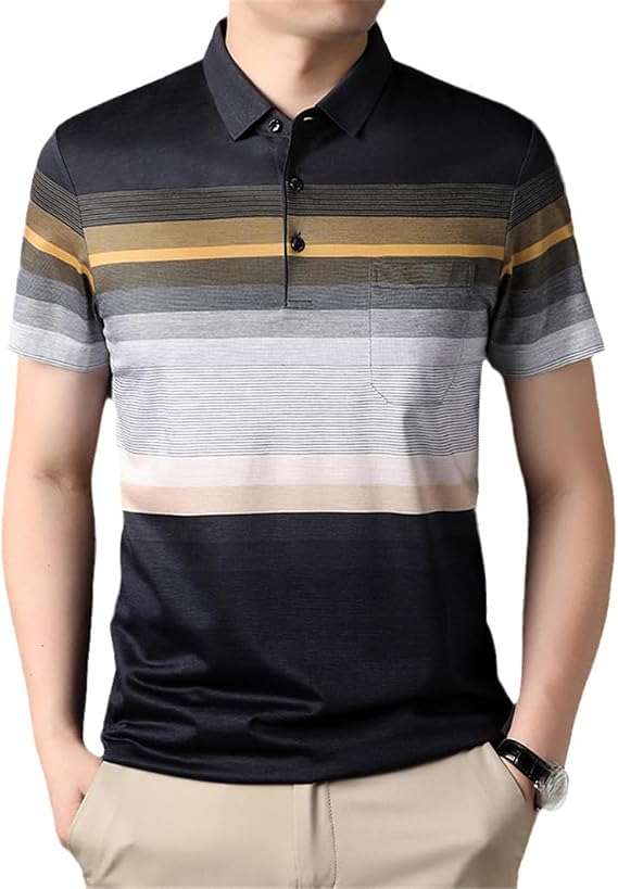 Men's Polo Shirt, Striped Silk Slim Fit Short Sleeve Shirt Summer Business Casual Golf Top