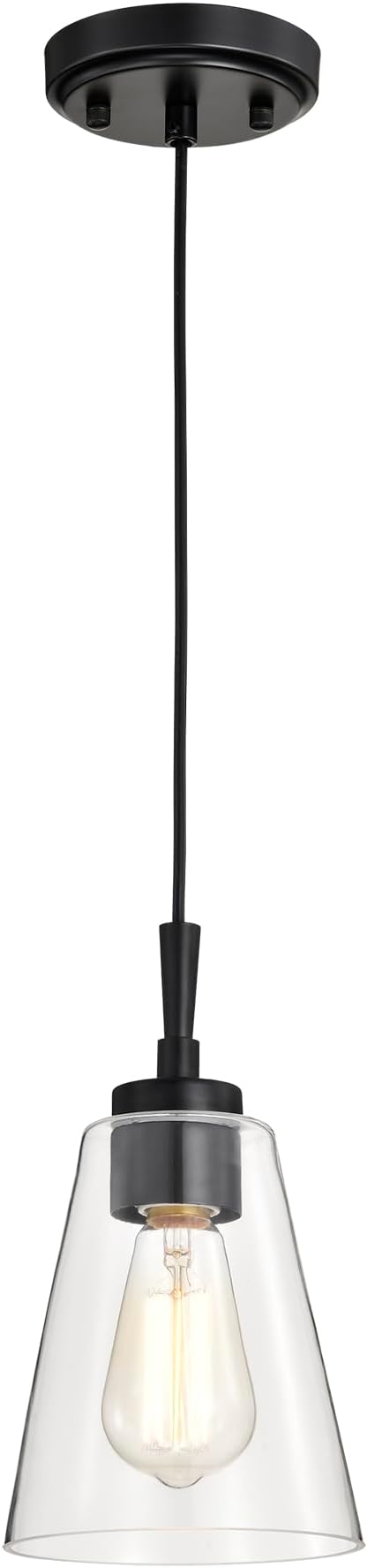 Edvivi Briarwood 1-Light Pendant Light with Clear Cone Glass Shade, Adjustable Height Modern Hanging Ceiling Lighting Fixture for Kitchen Island, Sink, Dining Room, Matte Black Finish, 5.9 in.