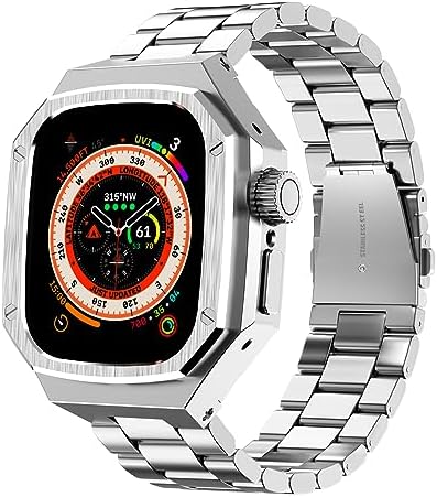 Luxury Aluminum Case with Stainless Steel Band for Apple Watch Ultra 321 Titanium 49mm, Rugged Metal Military Protective Cover Protector, Tactical Heavy Duty Protection for Men iWatch, Silver