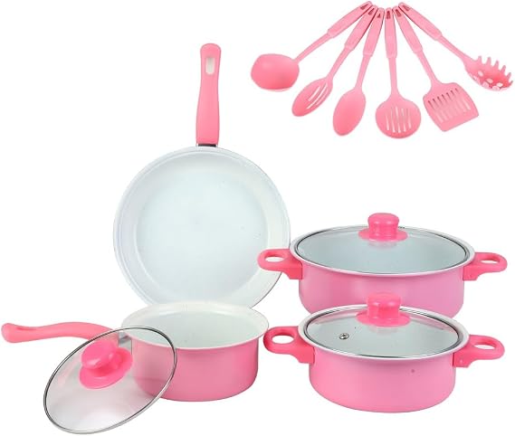 12Pcs Non Stick Cookware Set Cooking Pot Set with Lid for All Hob (Pink)