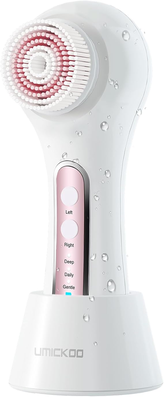 UMICKOO Electric Facial Cleansing Brush, 2-Way Rotating Face Scrubber for Daily & Deep Cleaning, 3 Modes, 5 Brush Heads, Rechargeable, IPX7 Waterproof for All Skin Types