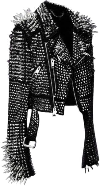 Mens Brando Full Long Spiked Punk Silver Studded Leather Jacket - Punk Rockstar Music Festival Moto Biker Studded Jacket