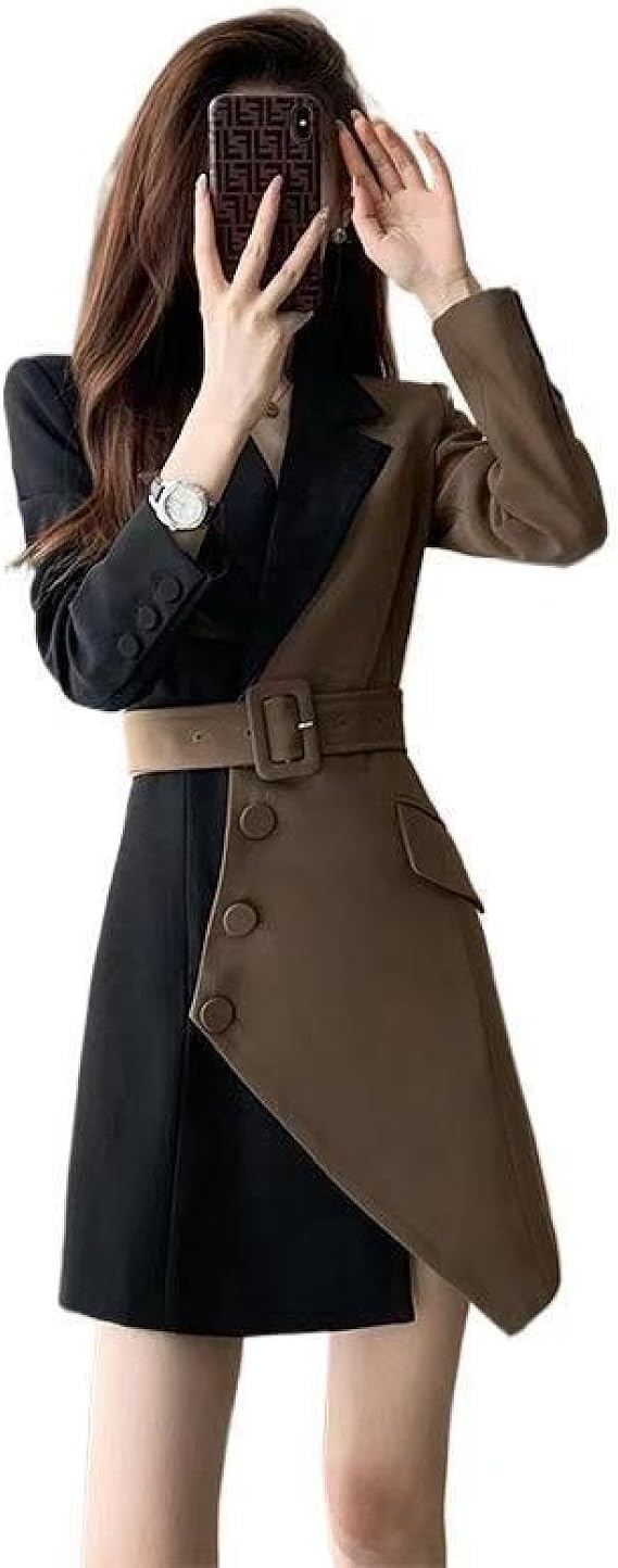 Mini Dress, Women's Suit Dress, Blazer Collar, Trench Coat, Belt Included, A-Line, Short Dress, V Neck, Button, Long Sleeve, Formal, Business, Office Fashion, Spring, Autumn, Winter, L