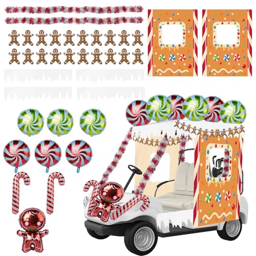 20 Pcs Christmas Gingerbread Golf Cart Decoration Kit Candyland Banner Candy Canes Lollipop Gingerbread Man Balloons Garland Red White Tinsel Garland for Christmas Parade Holiday Decoration