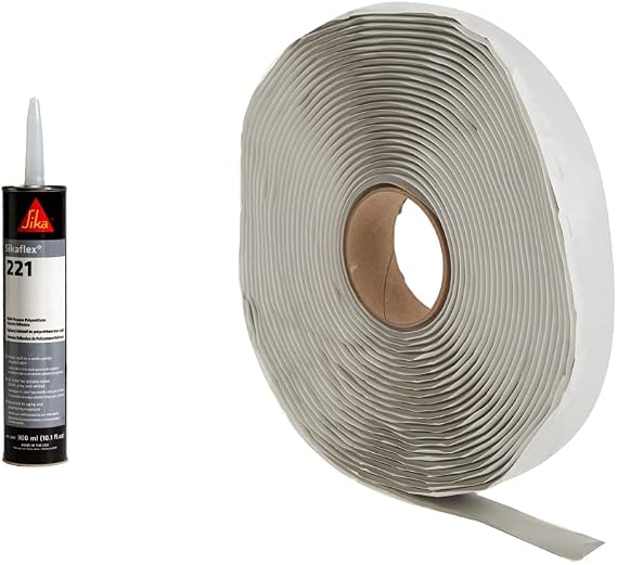 Sika Sikaflex-221, White, Multi-Purpose sealant/Adhesive, Polyurethane Fast Curing sealant, 10.1 fl. oz Cartridge & Dicor BT-1834-1 1/8" x 3/4" x 30' Butyl Seal Tape