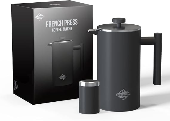 French Press Coffee Maker, 304 Stainless Steel Coffee Press 34oz (4 cups) Tea maker with 60g Coffee Canister, Double Wall French Presses with Heat Preservation, Dishwasher Safe Black