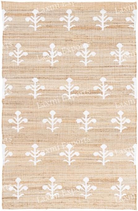 Cotton Kilim Rugs for Home & Kitchen, Floral Pattern Turkish Handmade Carpet, Natural Jute Hallway Large Rectangular Area Rug, (8x10 ft)