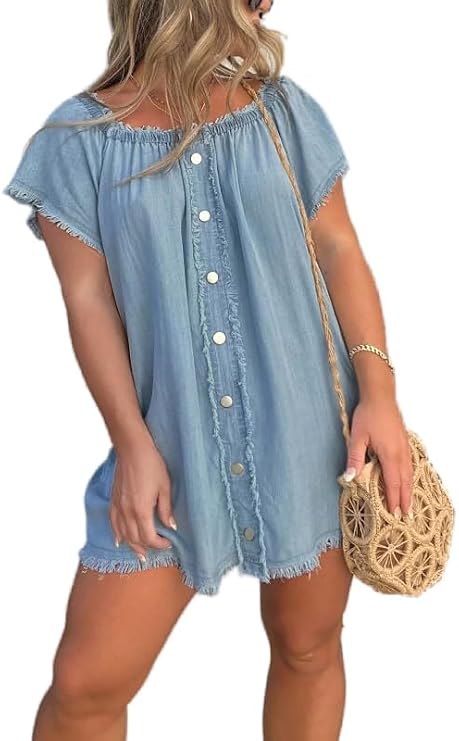 Off The Shoulder Denim Dress for Women Short Sleeve A Line Short Western Jean Dress Summer Babydoll Dress