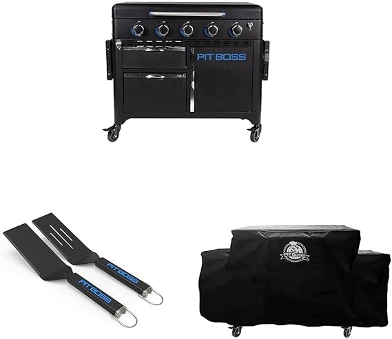 PIT BOSS PB5BGD2 Gas Griddle, 5 Burner, Black & Ultimate Griddle Spatulas, Black, Medium & 5B Ultimate Griddle Cover, Black