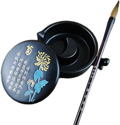 Multifunctional Chinese Calligraphy Handmade Porcelain Ink Well Dish Ceramic Inkslab Inkstone with Brush Holder for Beginners Paintings Writings Drawing Practice Art SuppliesChrysanthemum