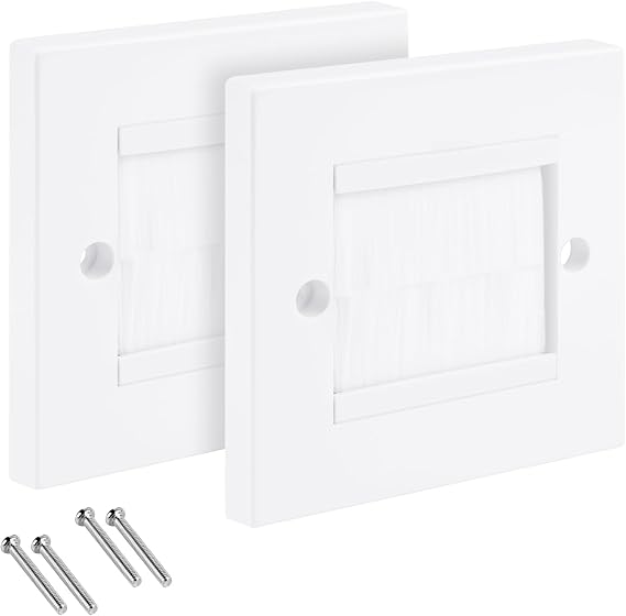 2 Pack Brush Wall Plate, Cable Pass Through Wall Plate Faceplate | White Brush Single Gang Walls Outlet Cable Entry Plates for HDMI TV Ethernet Speaker Wires Acces, Tidy Mount