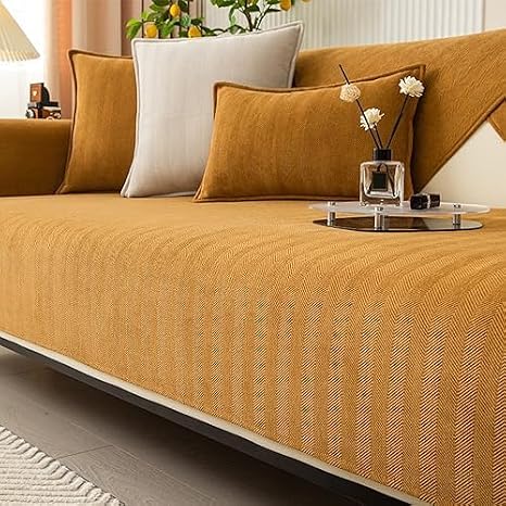 Funny Sofa Cover, Fuzzy Couch Cover, Herringbone Chenille Fabric Furniture Protector Sofa Cover, Cosy Solid Colour Non-Slip Couch Cover (Khaki,70 * 180cm)