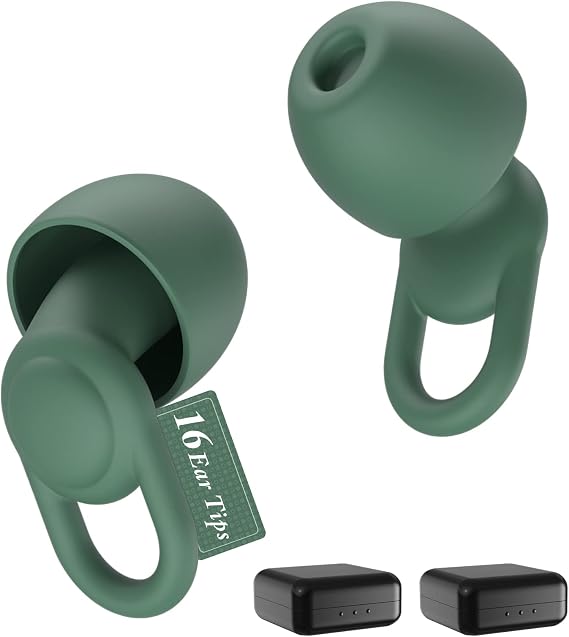 Silicone Ear Plugs for Noise Reduction - Reusable Soft Comfortable Earplugs for Sleeping,Noise Sensitivity & Flights -16 Ear Tips in XS/S/M/L, with 2 Travel Boxes - 33dB Noise Cancelling (Olive Green)
