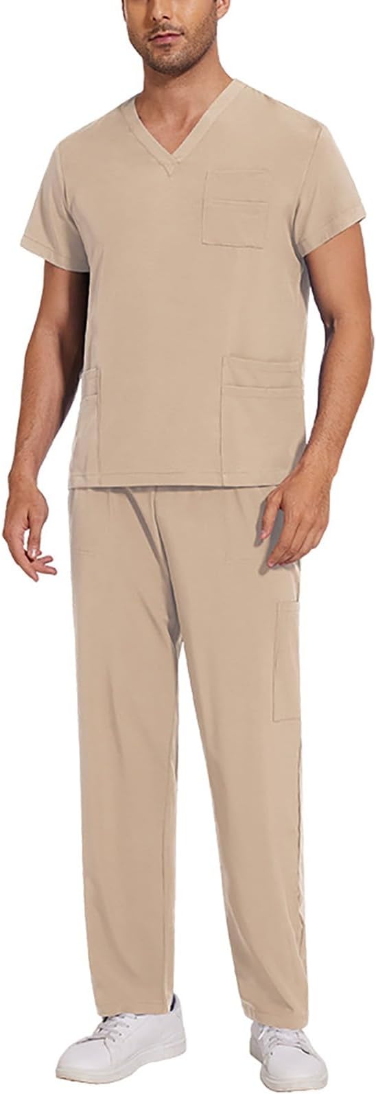 Men Scrubs Set Stretch V-Neck Uniform Scrub Top & Jogger Pant with Pockets