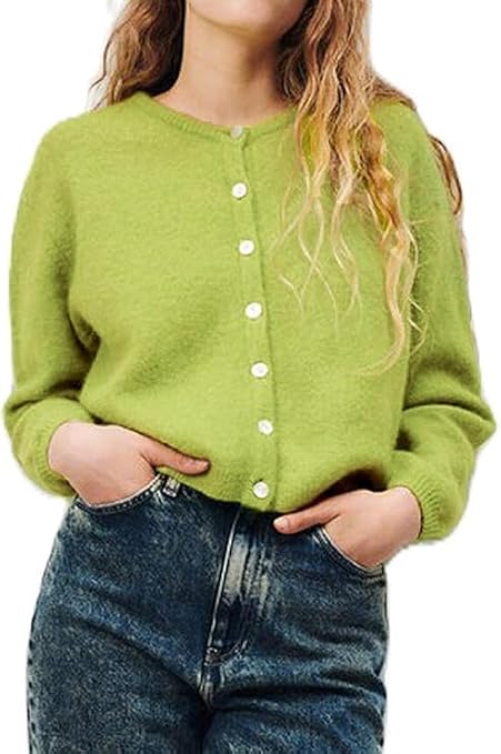 Cardigan Sweaters for Women Casual Button Down Long Sleeve Crewneck Sweaters Going Out Lightweight Knit Pullover Tops