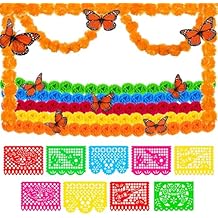 Hanaive 47 Pcs Day of The Dead Decorations Dia De Los Muertos Decor Artificial Marigold Flower Garlands Mexican Party Papel Picado Banner Orange Monarch Butterfly for Indian Diwali Decor(Multicolor)