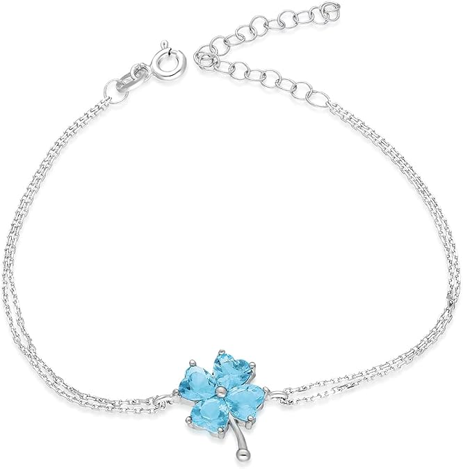 NEREZE 925 Sterling Aquamarine Stone Clover Bracelet Women's Silver Bracelet