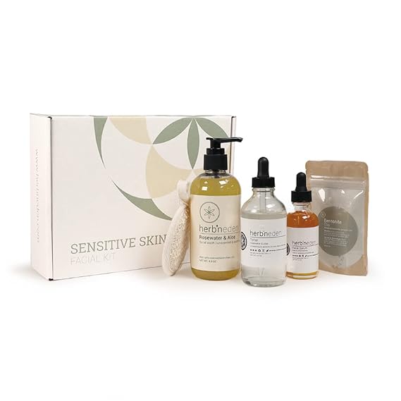 HerbN Eden - Sensitive Skin Facial Kit - Cleanse, Mask, Tone, Moisturize - Natural Ingredients & Essential Oils - Made in USA - 5 Product Set includes Wash, Toner, Serum, Mask, Sisal