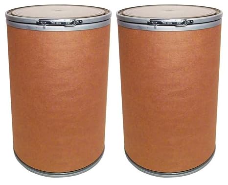 2 Pack 55 Gallon Open Head Transport Drum, Fiber, Unlined, Brown, Heavy-Duty Industrial Storage and Shipping Container