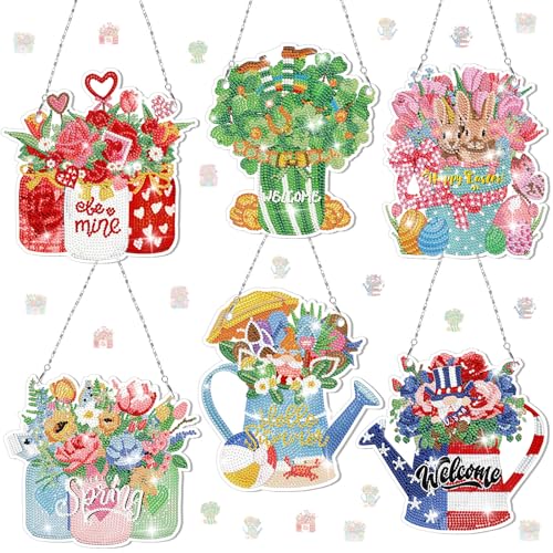 Chitidr 6 Pcs Seasonal Diamond Painting Kits 5d DIY Holiday Flowers Diamond Art Painting Hanging Signs for Spring Ventines Easter St. Patricks Day Memorial Day Summer Wall Door Window Decor