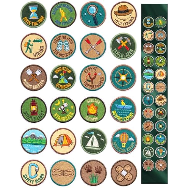 24-Pcs Outdoor-Themed Iron-On Patches, 1.8 inch Embroidered Badges for Hats, Backpacks & Jackets. Features Bonfire, Tent, and Mountain Designs. Perfect for DIY Repair and DecorationRetro