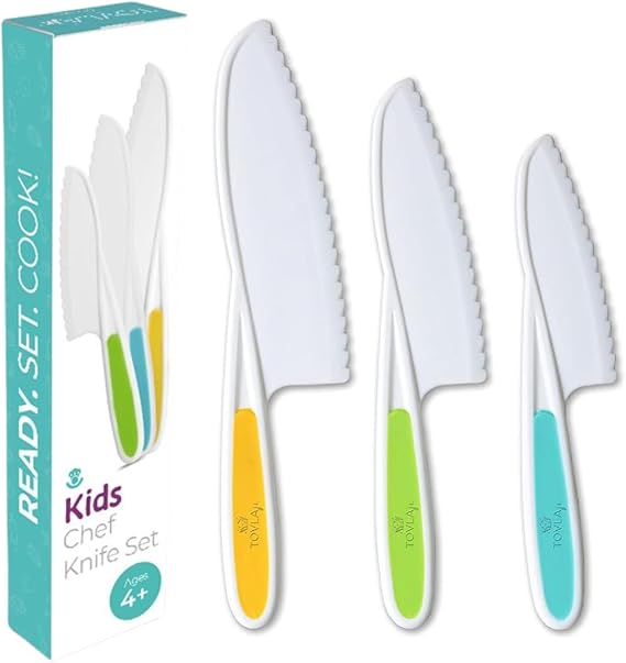 Jr. Kid Safe Knife Set for Real Cooking | Toddler Knives | Ages 4-12 | Montessori Kitchen Tools | Kids Kitchen Knife Set of 3 | BPA Free Dishwasher Safe | Birthday Christmas Gift Stocking Stuffer