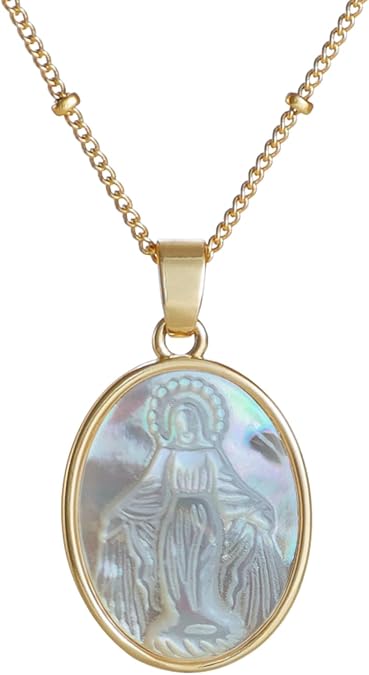 KOMI Pendant Necklace for Women, Mother of Pearl Pendant with 18K Gold Plated Necklace, Catholic Jewelry for Women with Soft Velvet Bag