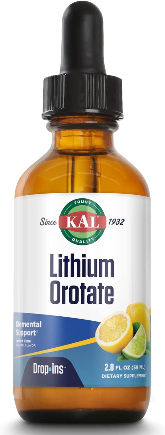 KAL Lithium Orotate Dropins Liquid, Chelated | Mood & Relaxation Support | Natural Lemon Lime Flavor | 2oz, Approx. 60 Serv.