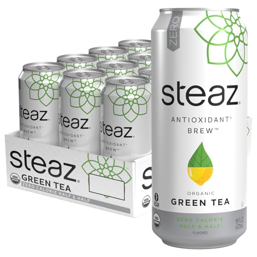 Steaz - Organic Green Tea - Zero Calorie Half & Half 12 Pack - Antioxidant Brew - 65mg Natural Caffeine, Vitamin C - Stevia Sweetened Iced Tea - Vegan, Fair Trade - 12 Cans, 16 fl oz 473mL
