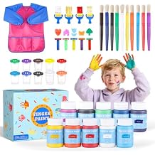 TMOL Washable Paint for Kids, 10 Colors (2 fl oz) 40 Pcs Non-Toxic Finger Paint Kit with Brushes, Sponge, Smock, Toddler Art Supplies for Painting, Craft & School Projects