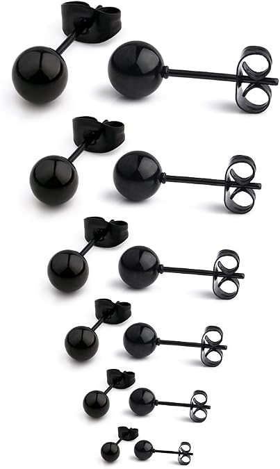 Ruifan 20G Stainless Steel Ball Stud Earrings for Men Women Round 3-8mm 6Pairs