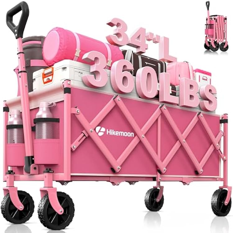 Hikemoon 34 Extra Long Collapsible Wagons Carts Foldable, 360LBS Heavy Duty Folding Beach Wagon Cart with Wheels, Portable Utility Outdoor Wagon for Grocery, Shopping, Garden, Sports, Camping, Pink