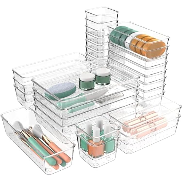 60 PCS Clear Plastic Drawer Organizers Set, 4 Sizes Clear Drawer Organizers & storage Bins for MakeupJewelry Vanity, Kitchen Gadgets Or Office Desk. Bathroom Drawer Organizer Trays With Non-Slip Pads