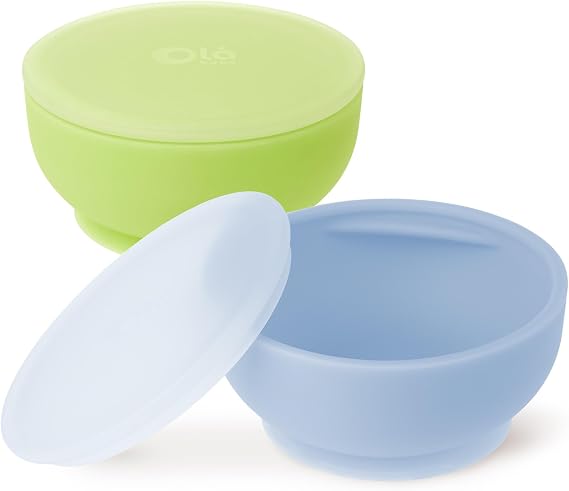 Olababy 100% Silicone Suction Bowl with Lid Bundle for Independent Feeding Baby and Toddler (Blueberry + Kiwi)