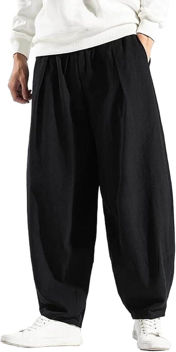 Men Korean Wide Leg Pants Mens Loose Casual Cotton Harem Pants Soild Color Japanese Joggers Linen Trousers