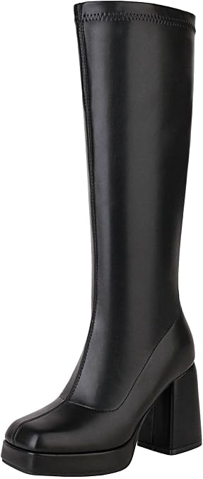 Seborluys Women's Platform GoGo Boots Knee High Square Toe Chunky High Heeled Pull-on Shoes