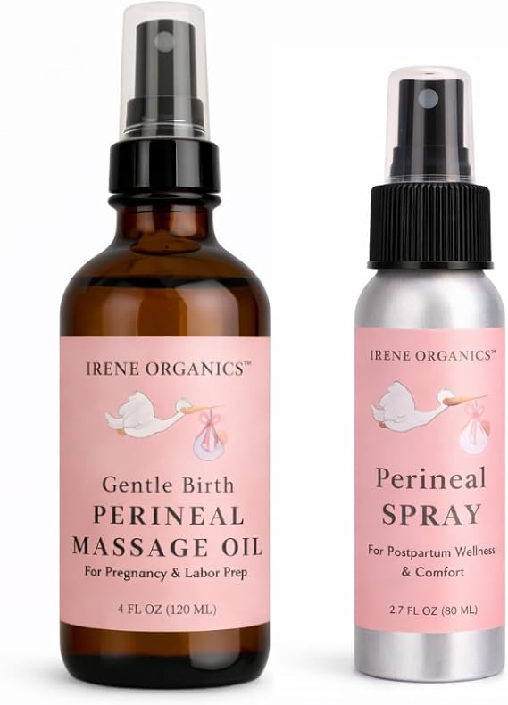 Organic Perineal Massage Oil Spray by Irene Organics for Pregnancy and Postpartum - Prevention for Perineum Tearing, All Natural, Third Trimester Pregnancy Must Haves for Childbirth (Perineal Bundle)