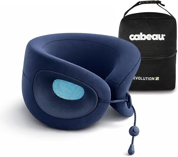 Cabeau Evolution X Deluxe - Best Travel Neck Pillow with Travel Bag (Dark Blue/Light Blue)