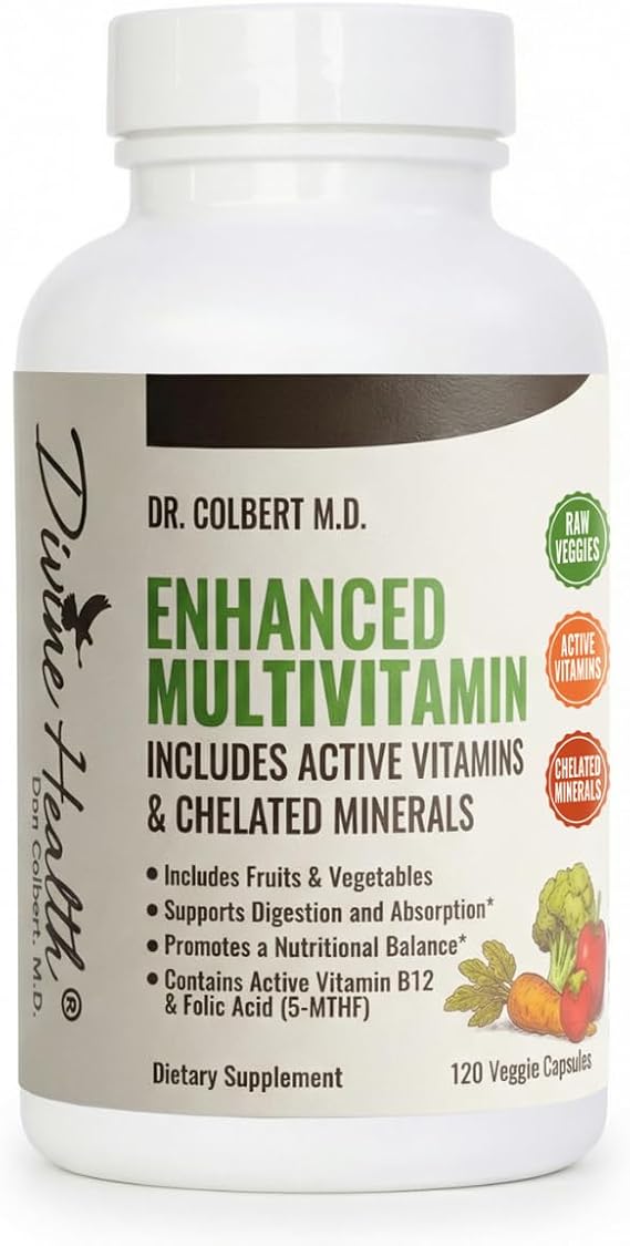 Dr. Colbert, MD Enhanced Multivitamin Plus Chelated Minerals Active B Vitamins | by Divine Health | Fruits & Vegetables | Biotin | B Complex | MTHF | Mixed Tocotrienol & Tocopherol Mix | 120ct
