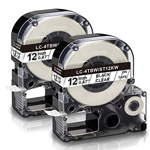 Absonic 2-Pack Compatible Label Tape Replacement for LK-4TBN ST12KW LC-4TBN9 LabelWorks 12mm Black on Clear LK Tape for LW-300 LW-400 LW-500 LW-600P LW-700 LW-K200PX Label Maker, 12 x 26.2