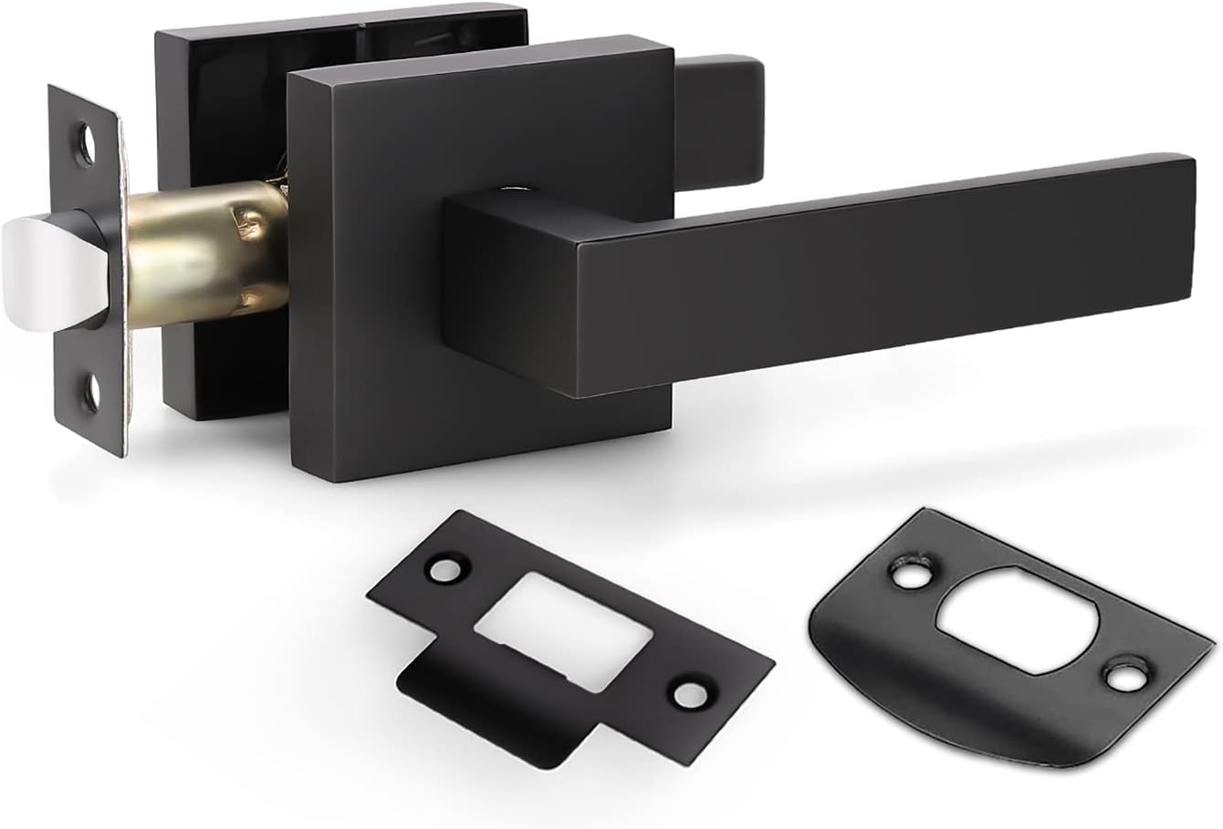 KNOBWELL 1 Pack Front Door Handles with Key and Lock Exterior Black Lever Door Handles Entry Door Leverset with a Black FinishSame Key