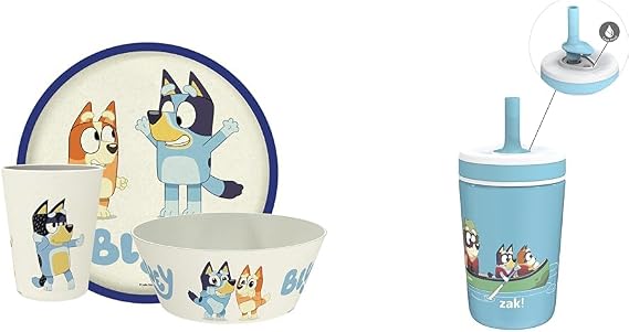 Zak Designs Bluey Kids Dinnerware Set 4 Pieces, Durable Melamine Bamboo Plate, Bowl, Cup and Kelso 12oz Stainless Steel Insulated Tumbler are Perfect For Kids (Bluey, Bingo, Bandit, Chilli)