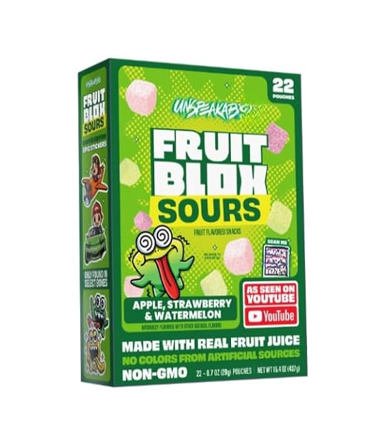 Fruit~Blox Sour Fruit Snacks, Apple Strawberry & Watermelon ~ 22 Count ~ (1 Pack)