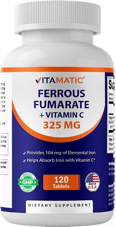Vitamatic Ferrous Fumarate 325 mg + Vitamin C 100 mg (104 mg Elemental Iron) High Potency Iron Supplement Gentle on Stomach, 120 Coated Tablets, Made in USA