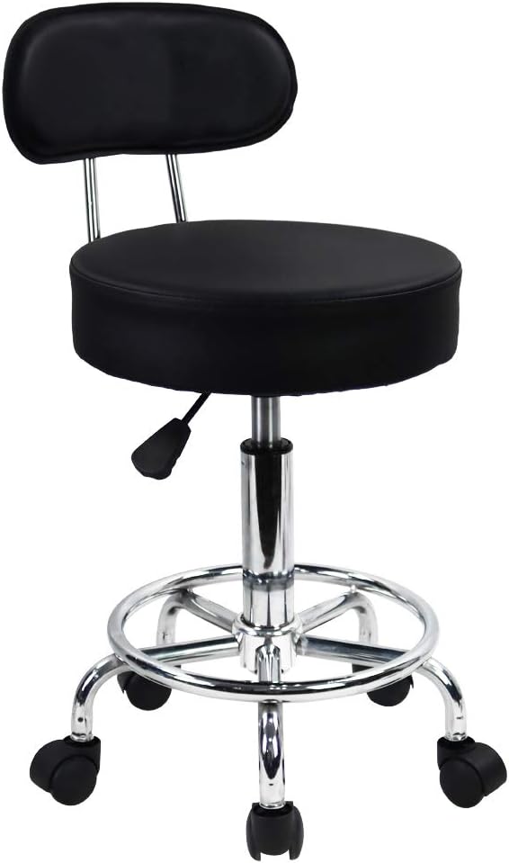 KKTONER PU Leather Rolling Stool Mid-Back with Footrest Height Adjustable Office Computer Home Drafting Swivel Task Chair with Wheels (Black)