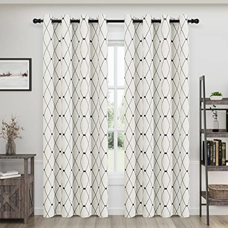 Joywell Black and White Linen Curtains 84 Inch Length 2 Panels Set for Living Room Grommet Embroidered Cream Burlap Sheer Black Curtain for Bedroom Modern Farmhouse Decor Drapes Beige Pattern 52x84