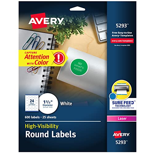 Avery Round Printable Labels, 1-23 Diameter, Matte White, Sure Feed Technology, Laser & Inkjet Compatible, 600 Blank Labels Total, Great for Branding, Packages, School Supplies, and More 5293