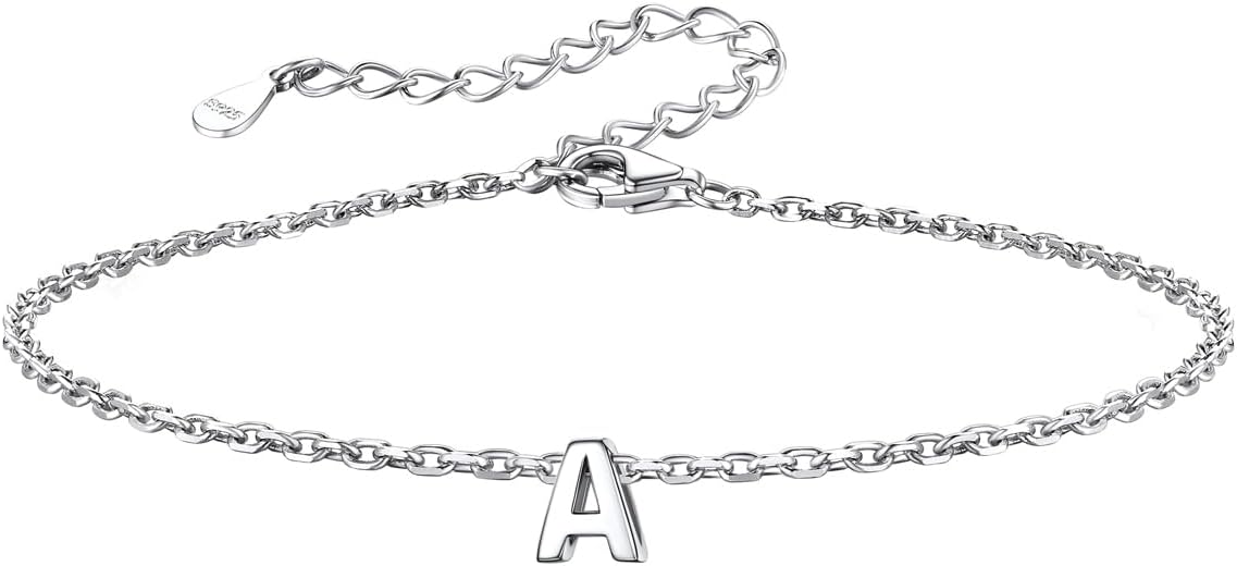Silvora S925 Sterling Silver Initial Letter Bracelet - A to Z, 6.3" + 2" Adjustable Personalized 26 Alphabet Jewelry Initial Bracelet for Women